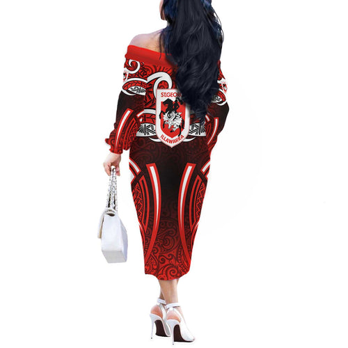 St George Illawarra Dragons Rugby Off The Shoulder Long Sleeve Dress Polynesian Tribal Dragon Warrior Red Pattern