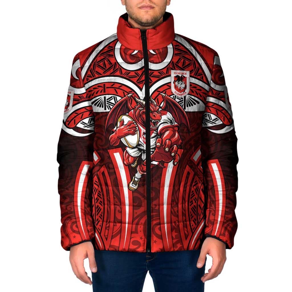 St George Illawarra Dragons Rugby Padded Jacket Polynesian Tribal Dragon Warrior Red Pattern