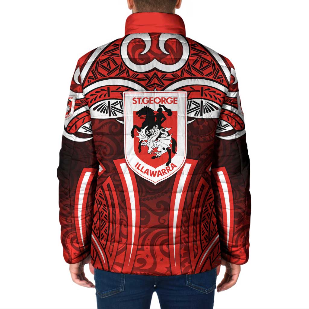St George Illawarra Dragons Rugby Padded Jacket Polynesian Tribal Dragon Warrior Red Pattern
