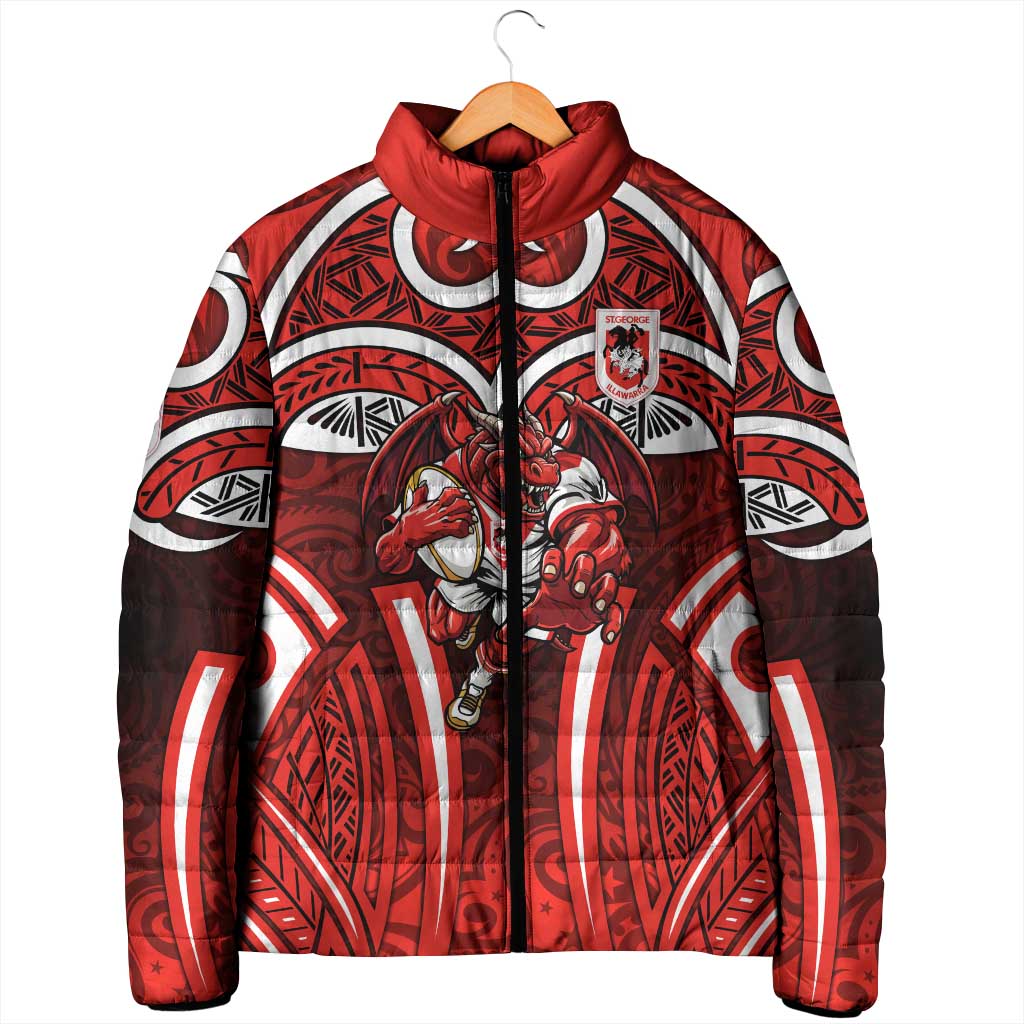 St George Illawarra Dragons Rugby Padded Jacket Polynesian Tribal Dragon Warrior Red Pattern