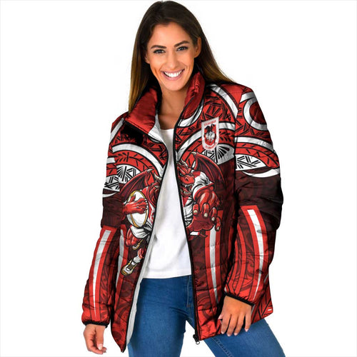 St George Illawarra Dragons Rugby Padded Jacket Polynesian Tribal Dragon Warrior Red Pattern