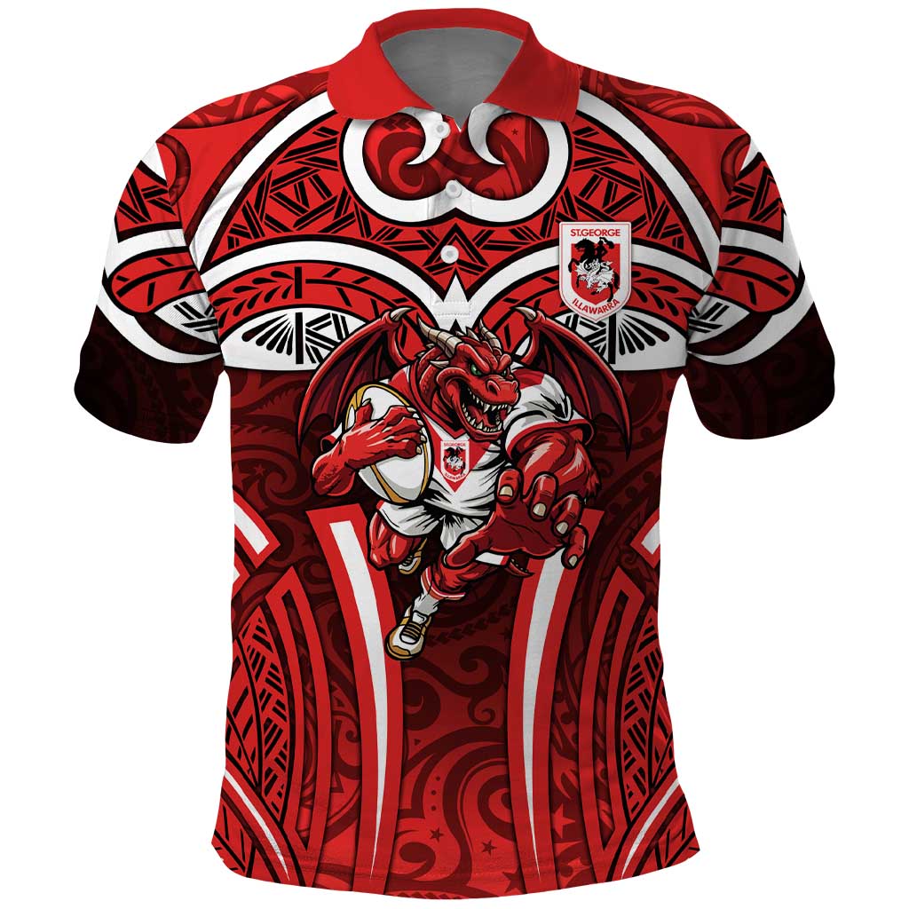 St George Illawarra Dragons Rugby Polo Shirt Polynesian Tribal Dragon Warrior Red Pattern