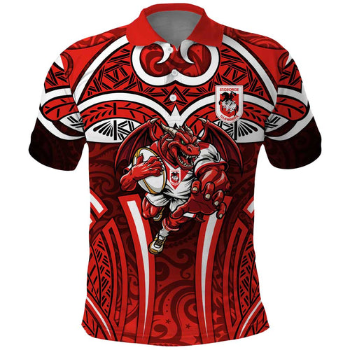 St George Illawarra Dragons Rugby Polo Shirt Polynesian Tribal Dragon Warrior Red Pattern