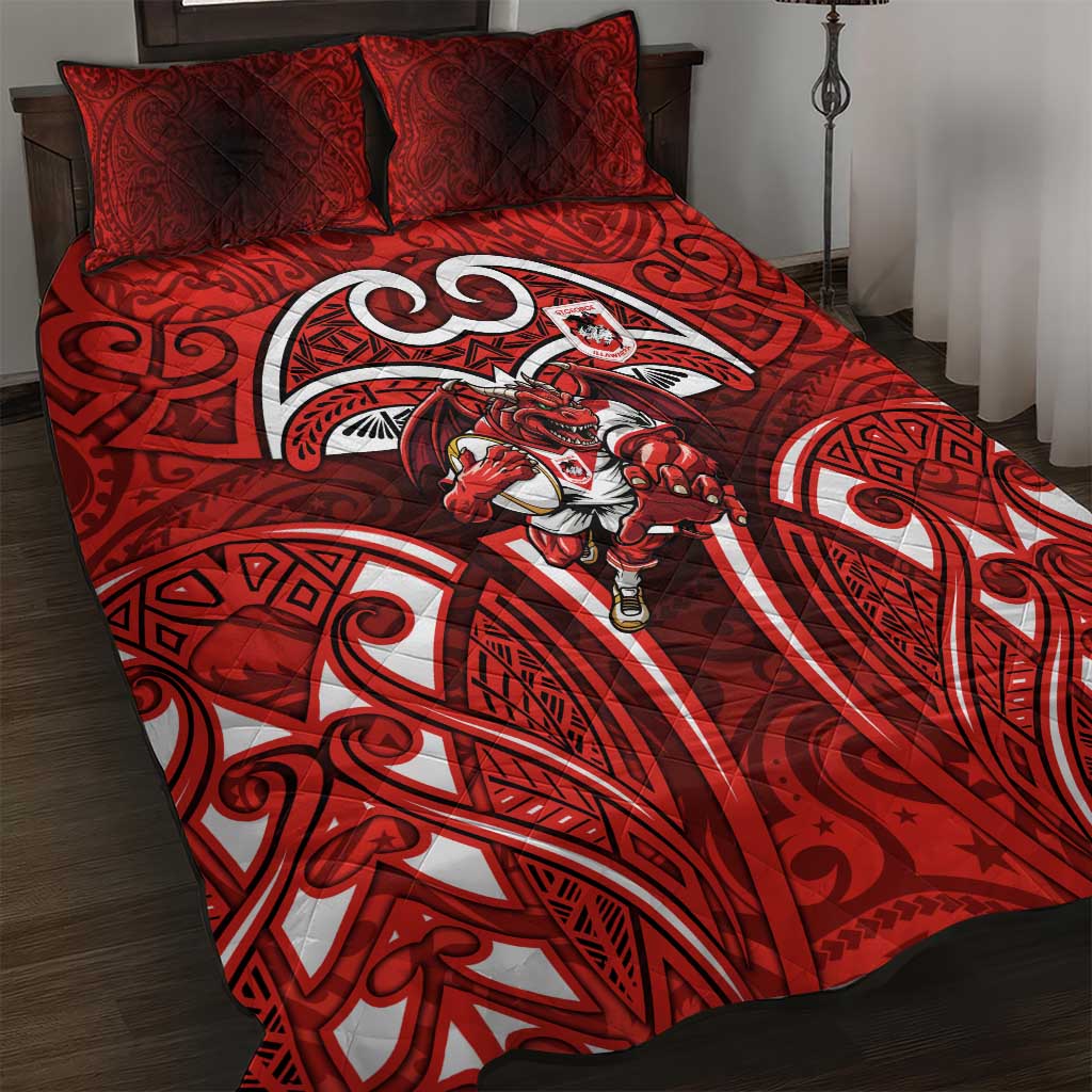 St George Illawarra Dragons Rugby Quilt Bed Set Polynesian Tribal Dragon Warrior Red Pattern