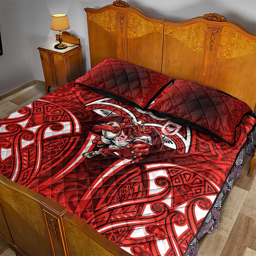 St George Illawarra Dragons Rugby Quilt Bed Set Polynesian Tribal Dragon Warrior Red Pattern