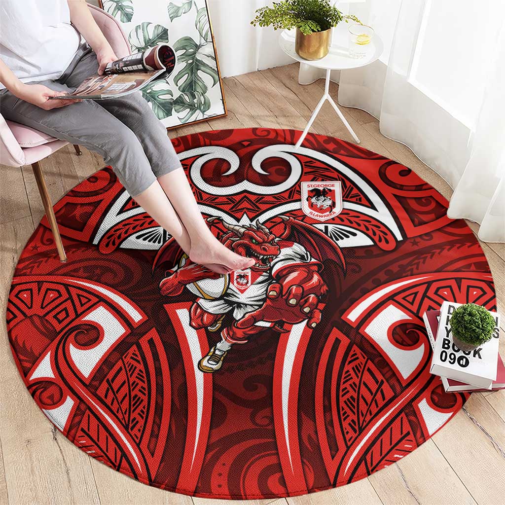 St George Illawarra Dragons Rugby Round Carpet Polynesian Tribal Dragon Warrior Red Pattern