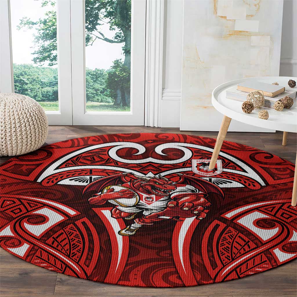 St George Illawarra Dragons Rugby Round Carpet Polynesian Tribal Dragon Warrior Red Pattern