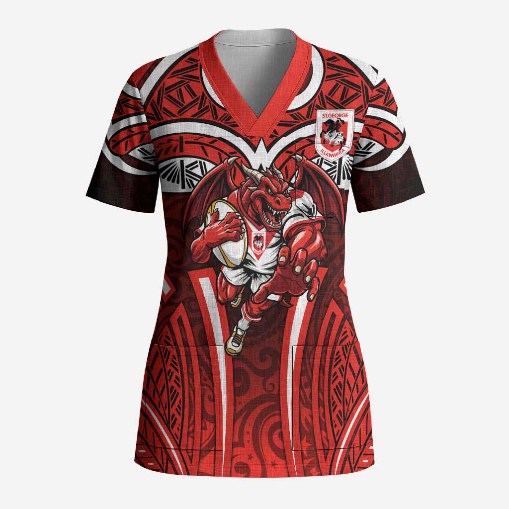St George Illawarra Dragons Rugby Scrub Top Polynesian Tribal Dragon Warrior Red Pattern