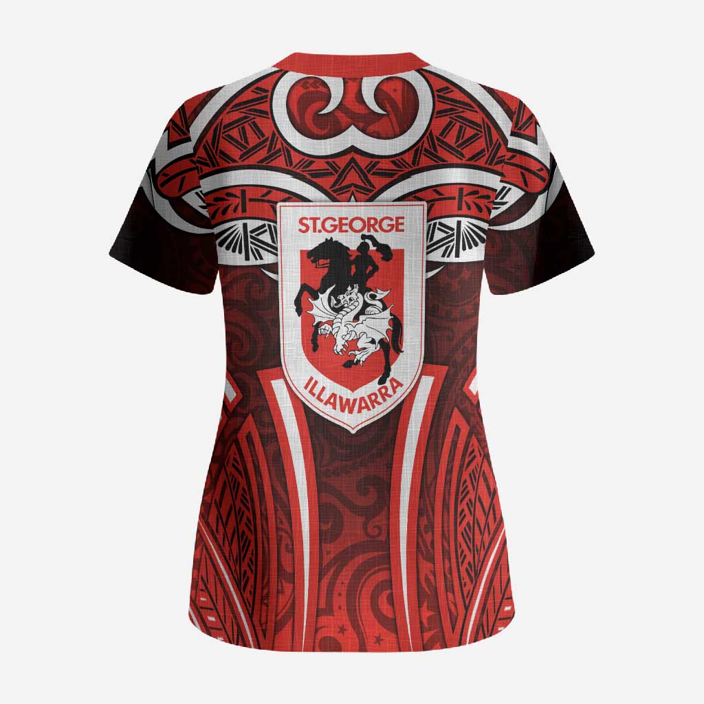 St George Illawarra Dragons Rugby Scrub Top Polynesian Tribal Dragon Warrior Red Pattern