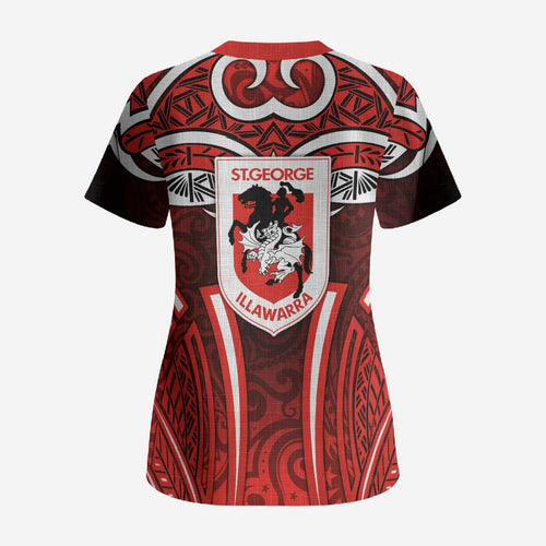 St George Illawarra Dragons Rugby Scrub Top Polynesian Tribal Dragon Warrior Red Pattern