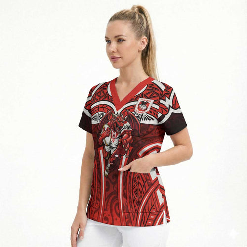St George Illawarra Dragons Rugby Scrub Top Polynesian Tribal Dragon Warrior Red Pattern