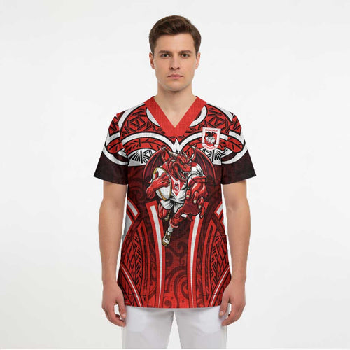 St George Illawarra Dragons Rugby Scrub Top Polynesian Tribal Dragon Warrior Red Pattern