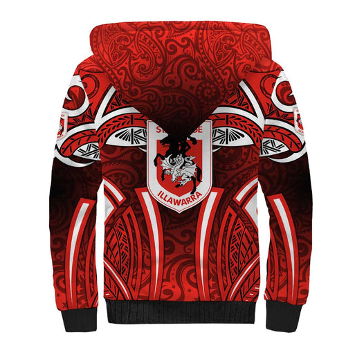 St George Illawarra Dragons Rugby Sherpa Hoodie Polynesian Tribal Dragon Warrior Red Pattern