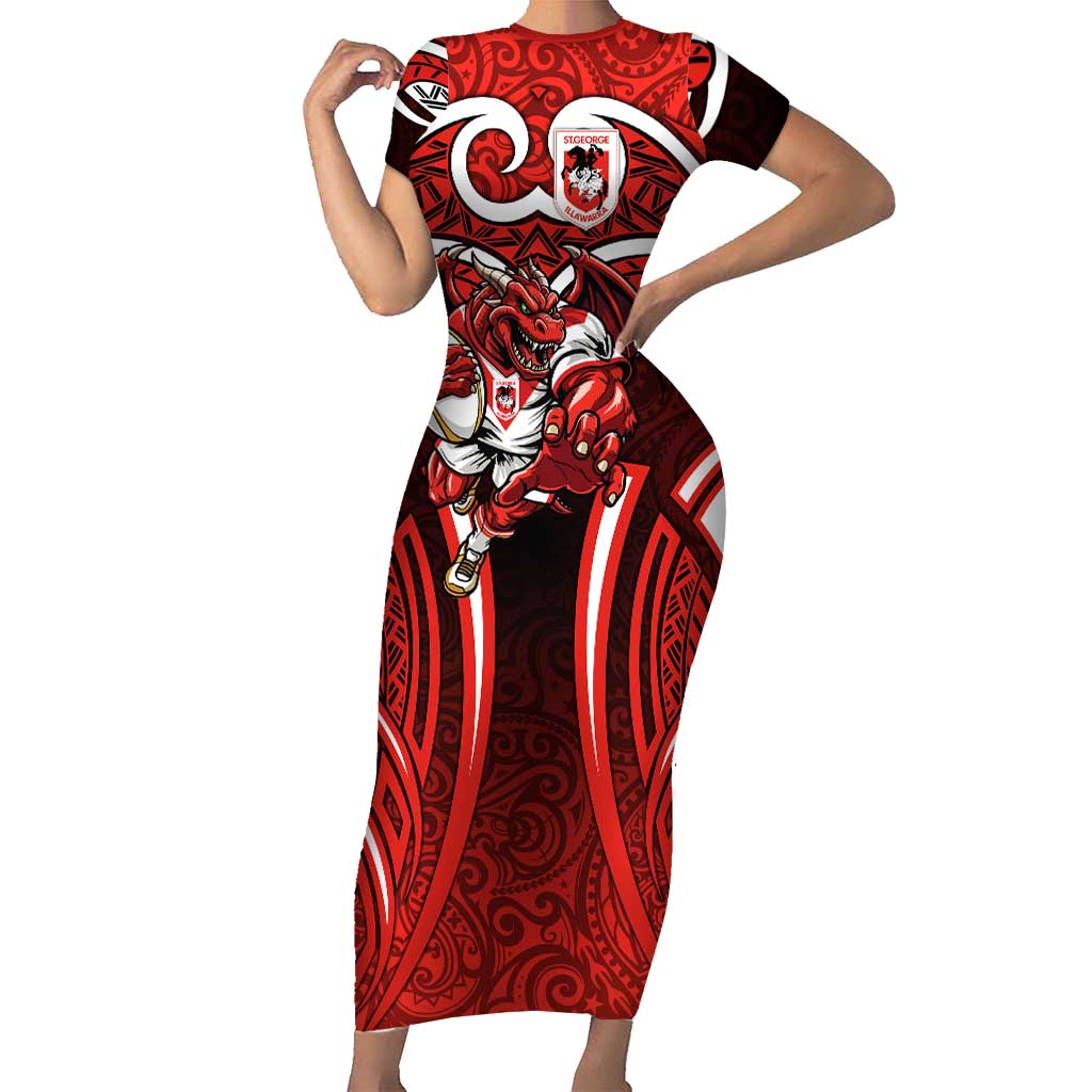 St George Illawarra Dragons Rugby Short Sleeve Bodycon Dress Polynesian Tribal Dragon Warrior Red Pattern
