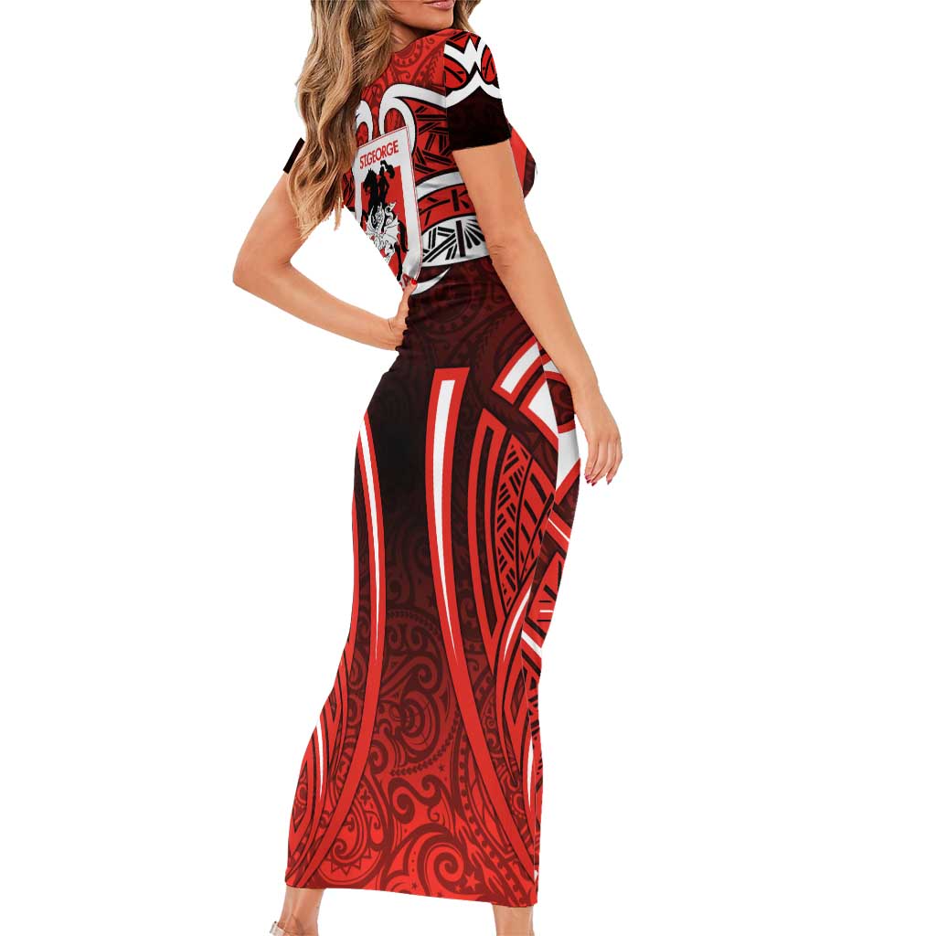 St George Illawarra Dragons Rugby Short Sleeve Bodycon Dress Polynesian Tribal Dragon Warrior Red Pattern