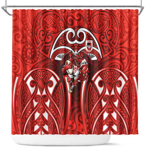 St George Illawarra Dragons Rugby Shower Curtain Polynesian Tribal Dragon Warrior Red Pattern