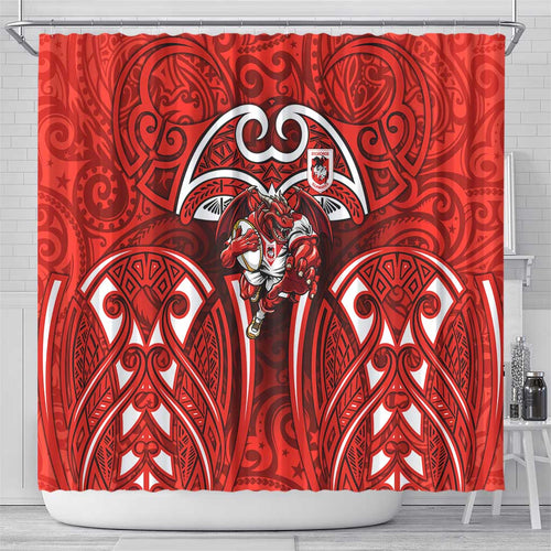 St George Illawarra Dragons Rugby Shower Curtain Polynesian Tribal Dragon Warrior Red Pattern