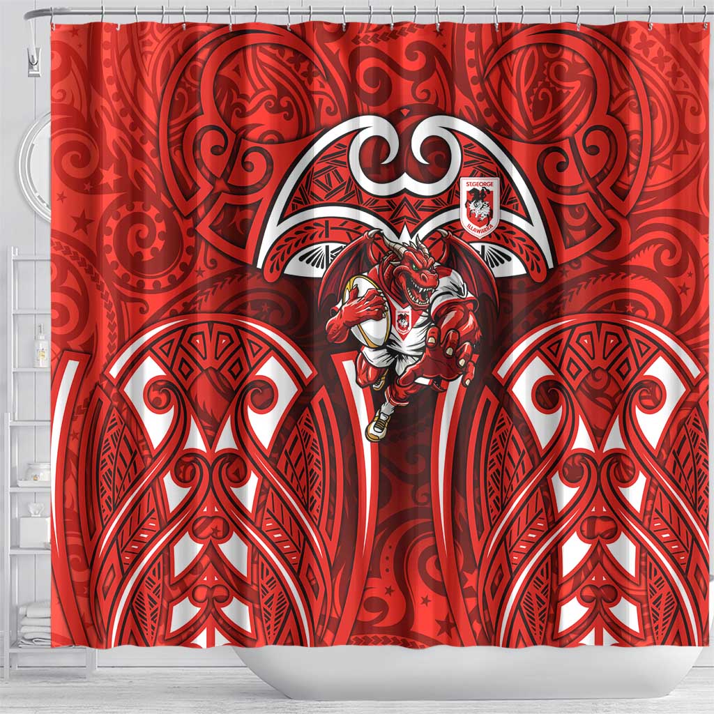 St George Illawarra Dragons Rugby Shower Curtain Polynesian Tribal Dragon Warrior Red Pattern