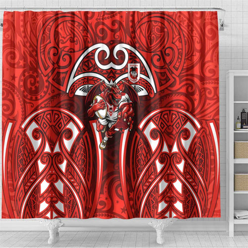St George Illawarra Dragons Rugby Shower Curtain Polynesian Tribal Dragon Warrior Red Pattern