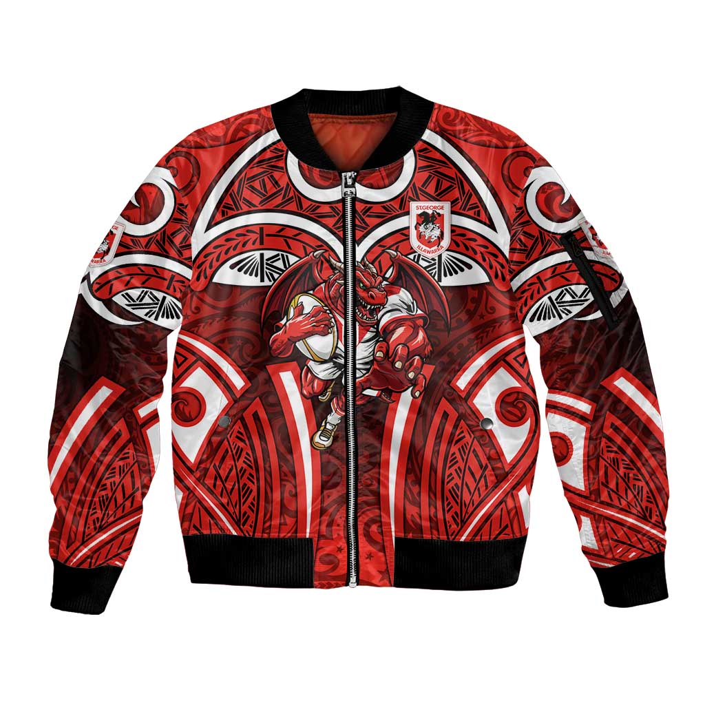St George Illawarra Dragons Rugby Sleeve Zip Bomber Jacket Polynesian Tribal Dragon Warrior Red Pattern