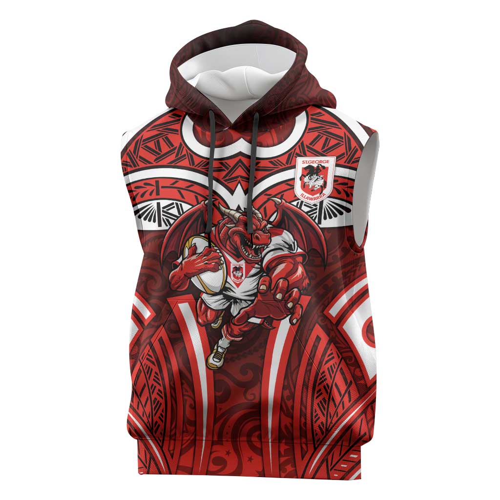 St George Illawarra Dragons Rugby Sleeveless Hoodie Polynesian Tribal Dragon Warrior Red Pattern