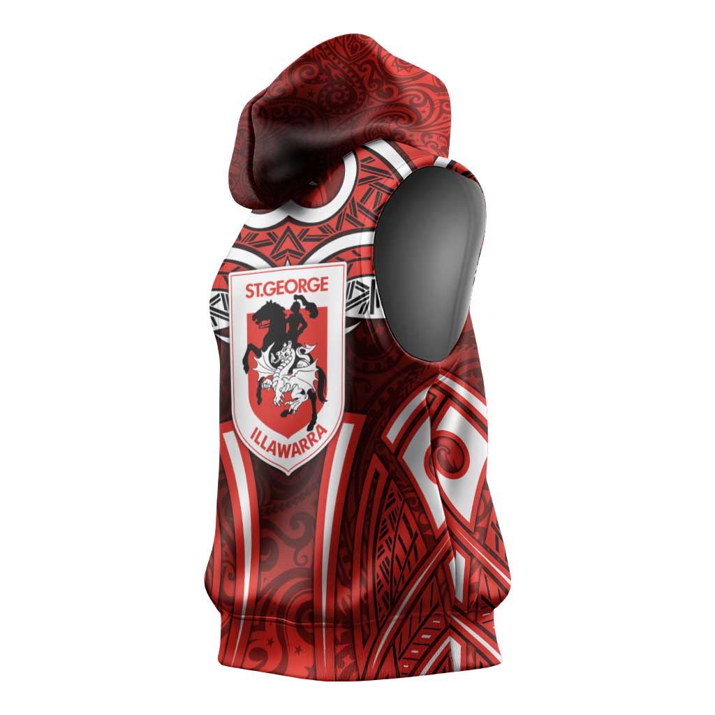St George Illawarra Dragons Rugby Sleeveless Hoodie Polynesian Tribal Dragon Warrior Red Pattern