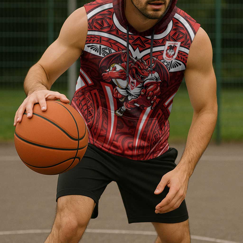 St George Illawarra Dragons Rugby Sleeveless Hoodie Polynesian Tribal Dragon Warrior Red Pattern