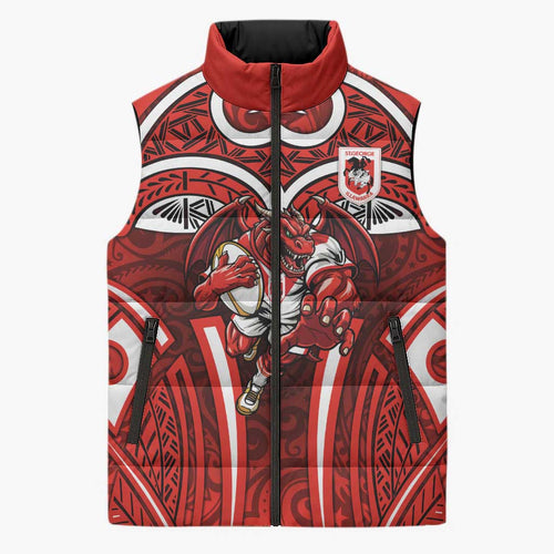 St George Illawarra Dragons Rugby Sleeveless Puffer Jacket Polynesian Tribal Dragon Warrior Red Pattern