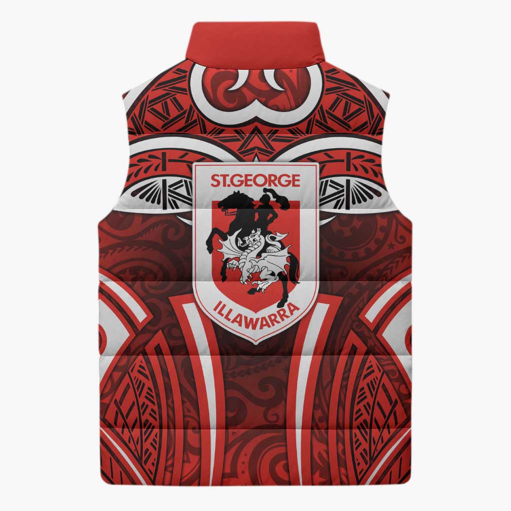 St George Illawarra Dragons Rugby Sleeveless Puffer Jacket Polynesian Tribal Dragon Warrior Red Pattern