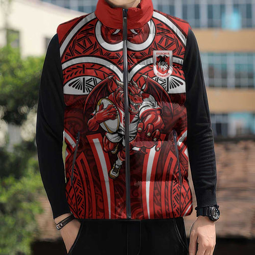 St George Illawarra Dragons Rugby Sleeveless Puffer Jacket Polynesian Tribal Dragon Warrior Red Pattern