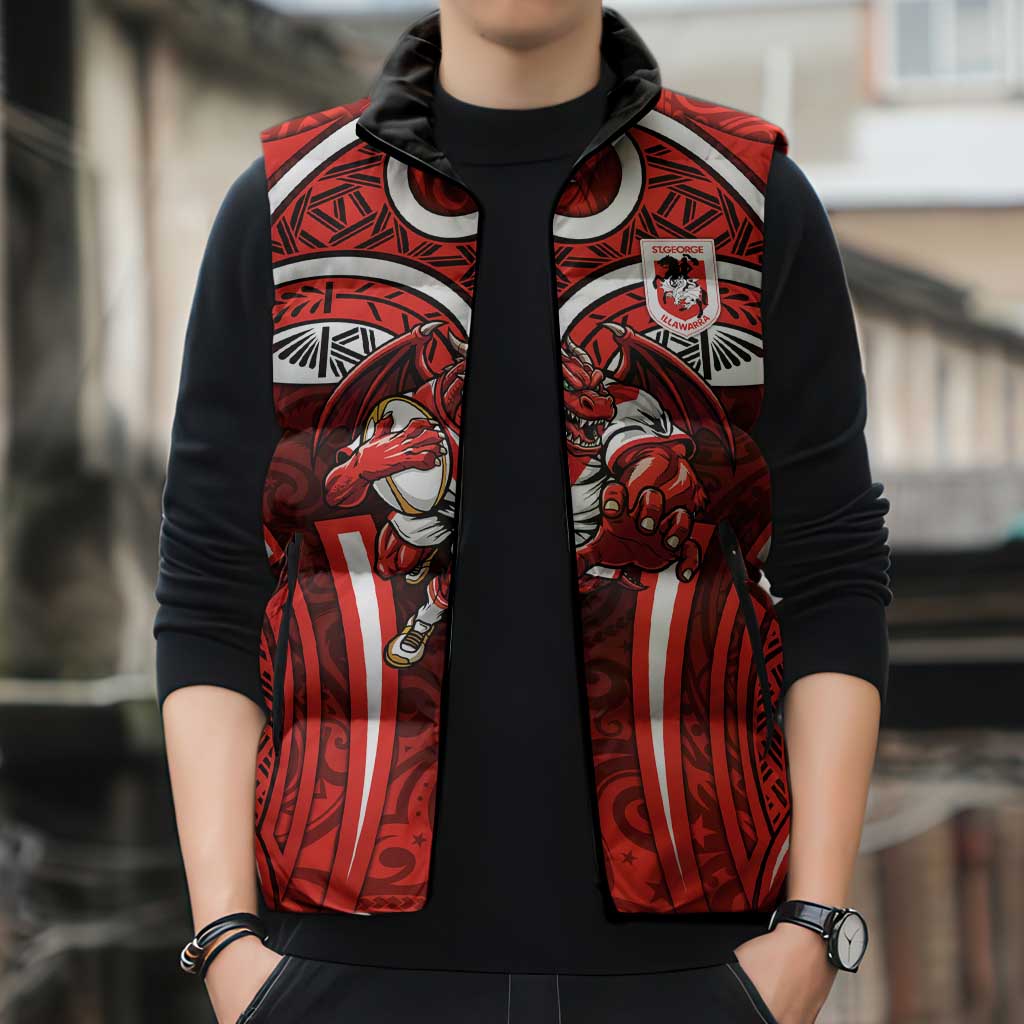 St George Illawarra Dragons Rugby Sleeveless Puffer Jacket Polynesian Tribal Dragon Warrior Red Pattern