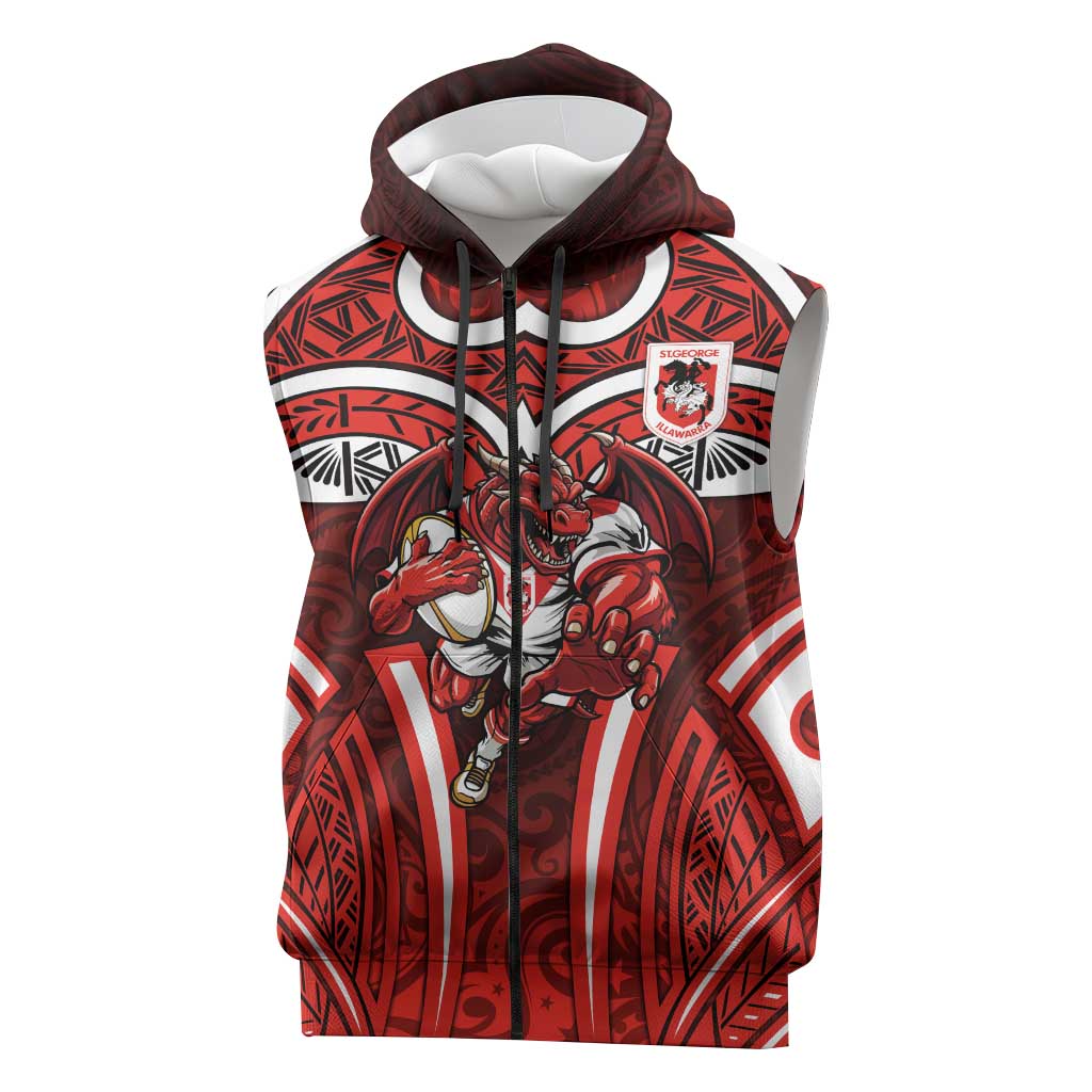 St George Illawarra Dragons Rugby Sleeveless Zip Hoodie Polynesian Tribal Dragon Warrior Red Pattern