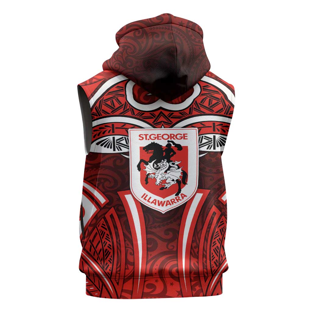 St George Illawarra Dragons Rugby Sleeveless Zip Hoodie Polynesian Tribal Dragon Warrior Red Pattern