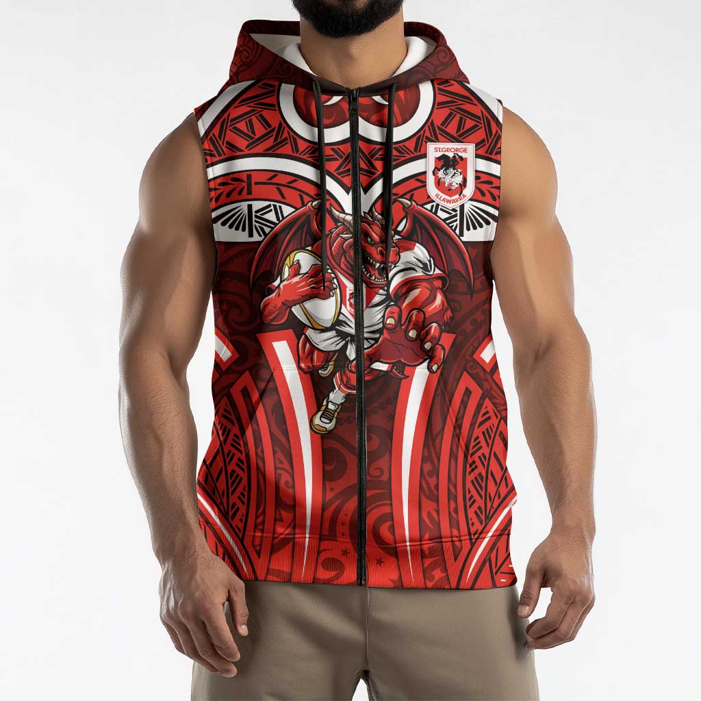 St George Illawarra Dragons Rugby Sleeveless Zip Hoodie Polynesian Tribal Dragon Warrior Red Pattern