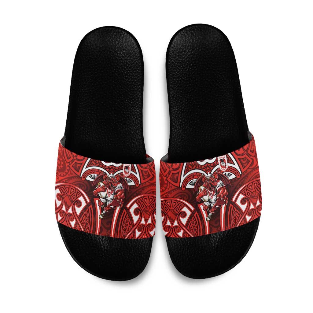 St George Illawarra Dragons Rugby Slide Sandals Polynesian Tribal Dragon Warrior Red Pattern