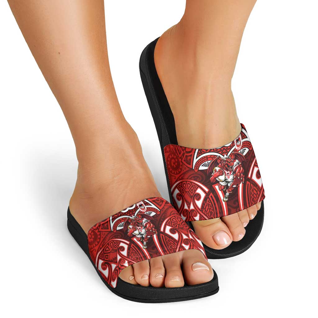 St George Illawarra Dragons Rugby Slide Sandals Polynesian Tribal Dragon Warrior Red Pattern