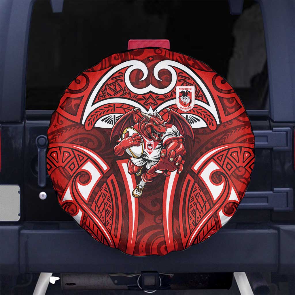St George Illawarra Dragons Rugby Spare Tire Cover Polynesian Tribal Dragon Warrior Red Pattern