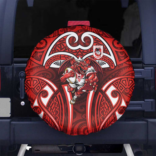 St George Illawarra Dragons Rugby Spare Tire Cover Polynesian Tribal Dragon Warrior Red Pattern