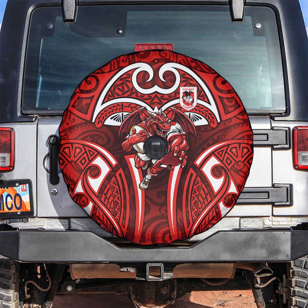 St George Illawarra Dragons Rugby Spare Tire Cover Polynesian Tribal Dragon Warrior Red Pattern