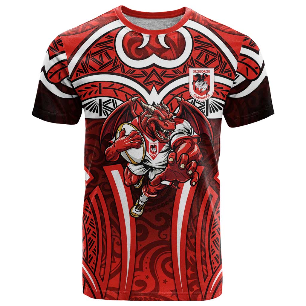 St George Illawarra Dragons Rugby T Shirt Polynesian Tribal Dragon Warrior Red Pattern