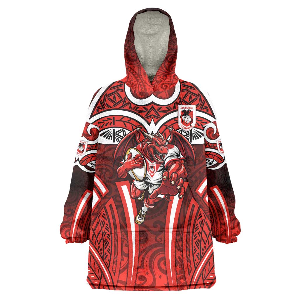 St George Illawarra Dragons Rugby Wearable Blanket Hoodie Polynesian Tribal Dragon Warrior Red Pattern