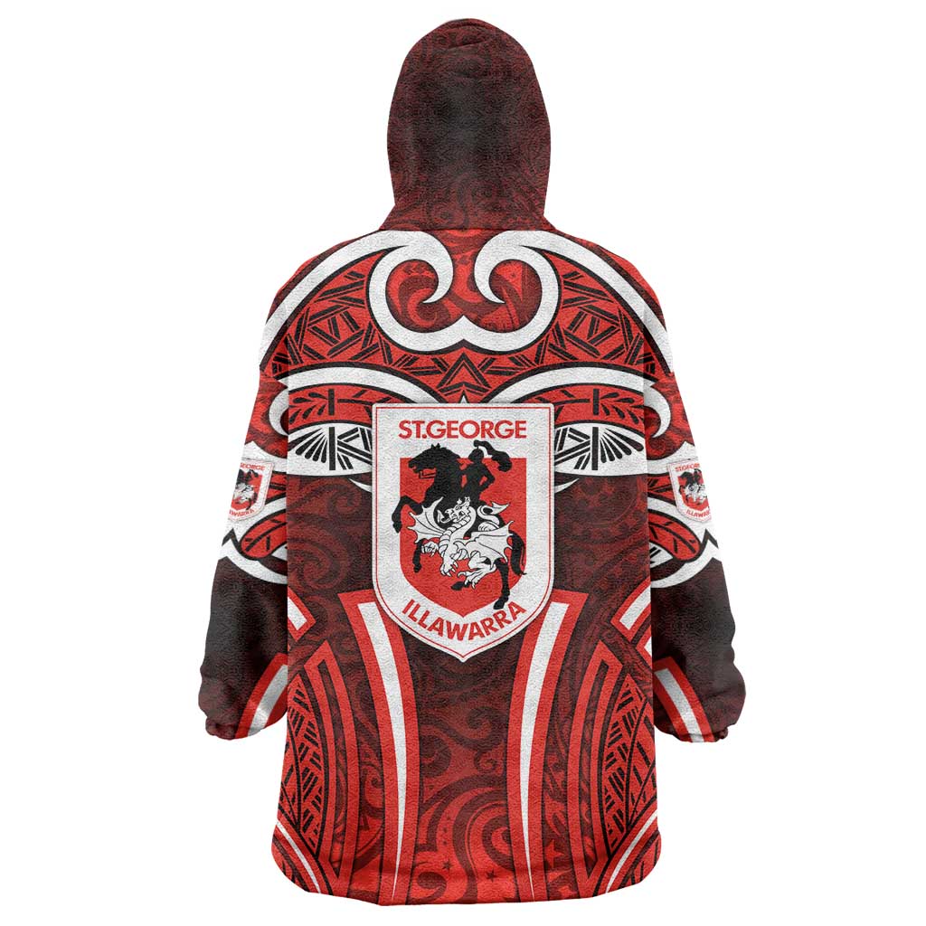 St George Illawarra Dragons Rugby Wearable Blanket Hoodie Polynesian Tribal Dragon Warrior Red Pattern