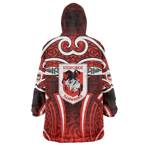 St George Illawarra Dragons Rugby Wearable Blanket Hoodie Polynesian Tribal Dragon Warrior Red Pattern