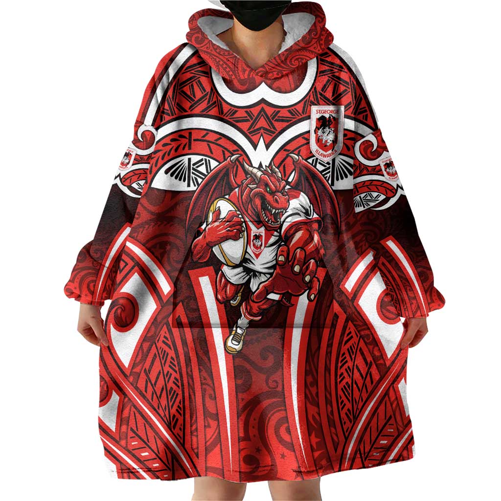 St George Illawarra Dragons Rugby Wearable Blanket Hoodie Polynesian Tribal Dragon Warrior Red Pattern