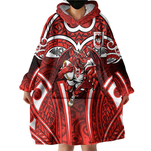 St George Illawarra Dragons Rugby Wearable Blanket Hoodie Polynesian Tribal Dragon Warrior Red Pattern