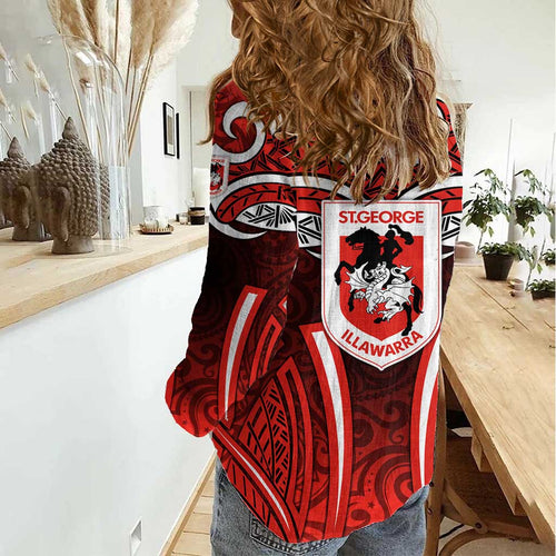 St George Illawarra Dragons Rugby Women Casual Shirt Polynesian Tribal Dragon Warrior Red Pattern