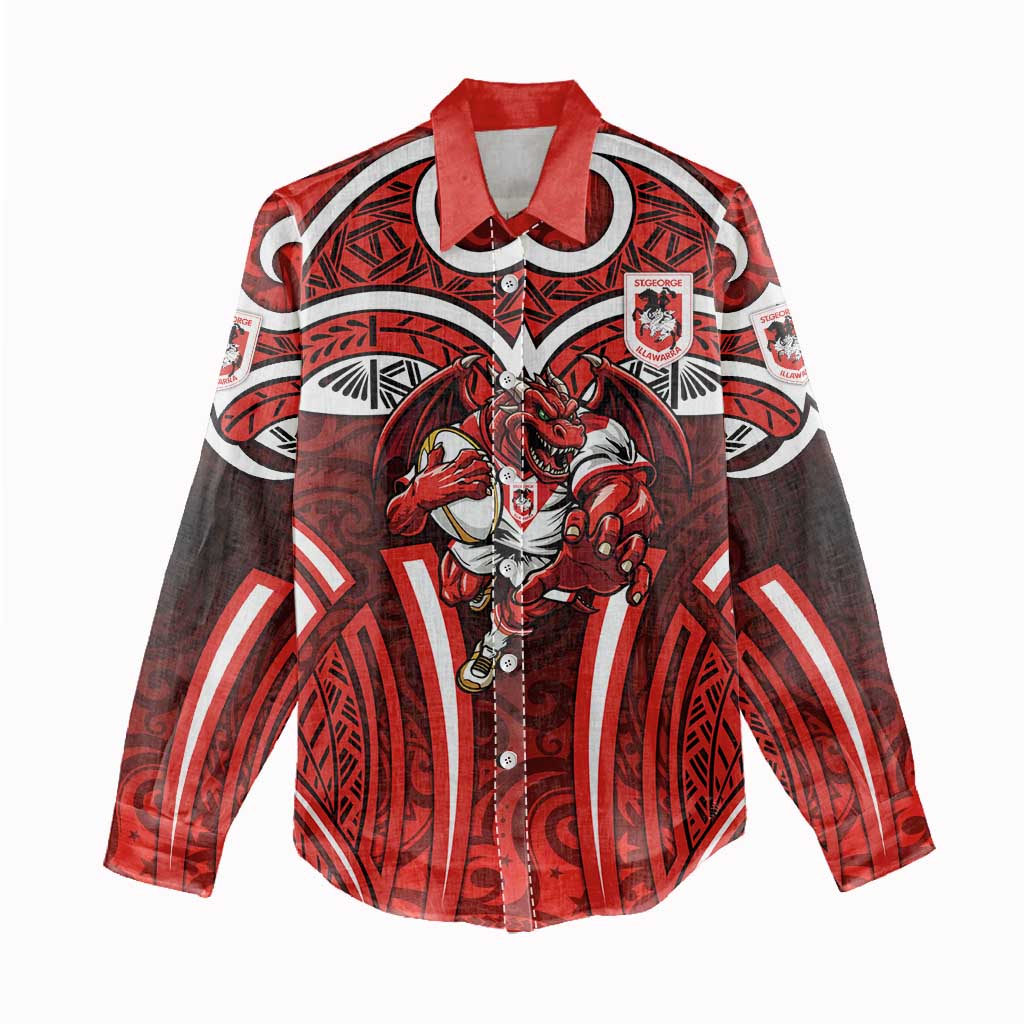 St George Illawarra Dragons Rugby Women Casual Shirt Polynesian Tribal Dragon Warrior Red Pattern