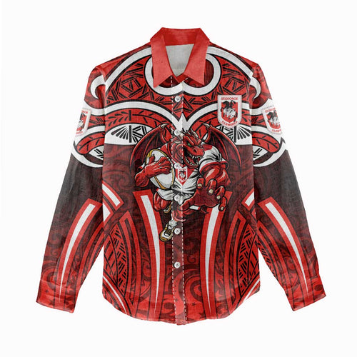 St George Illawarra Dragons Rugby Women Casual Shirt Polynesian Tribal Dragon Warrior Red Pattern