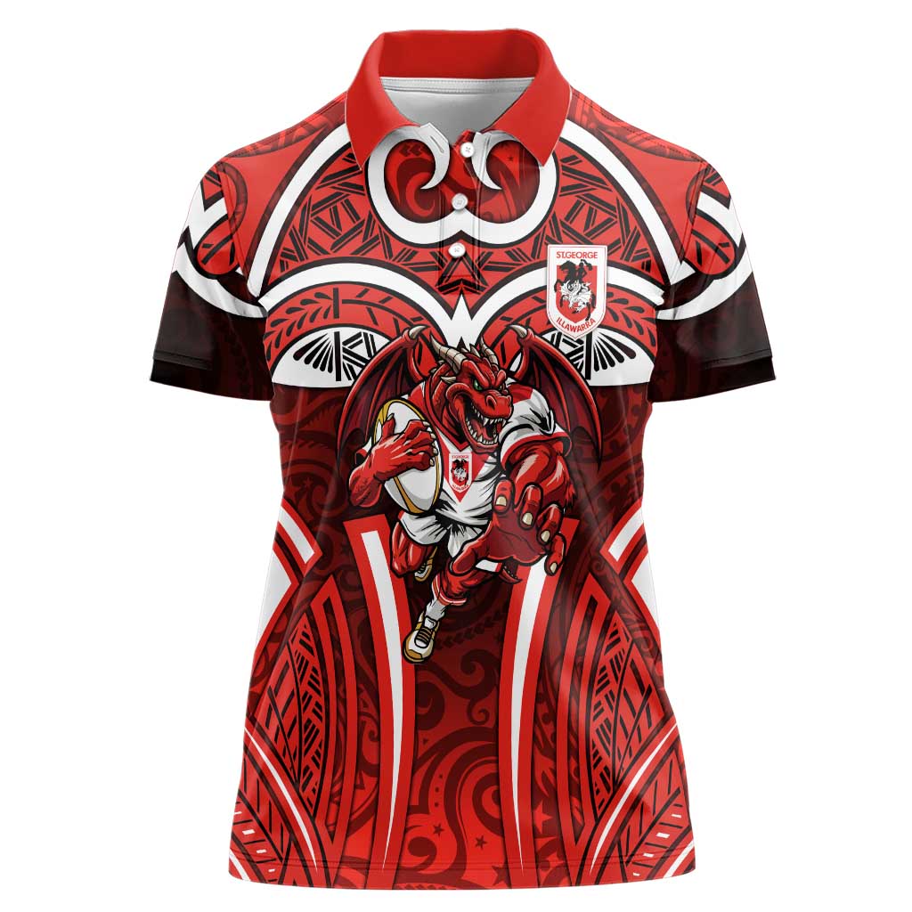 St George Illawarra Dragons Rugby Women Polo Shirt Polynesian Tribal Dragon Warrior Red Pattern