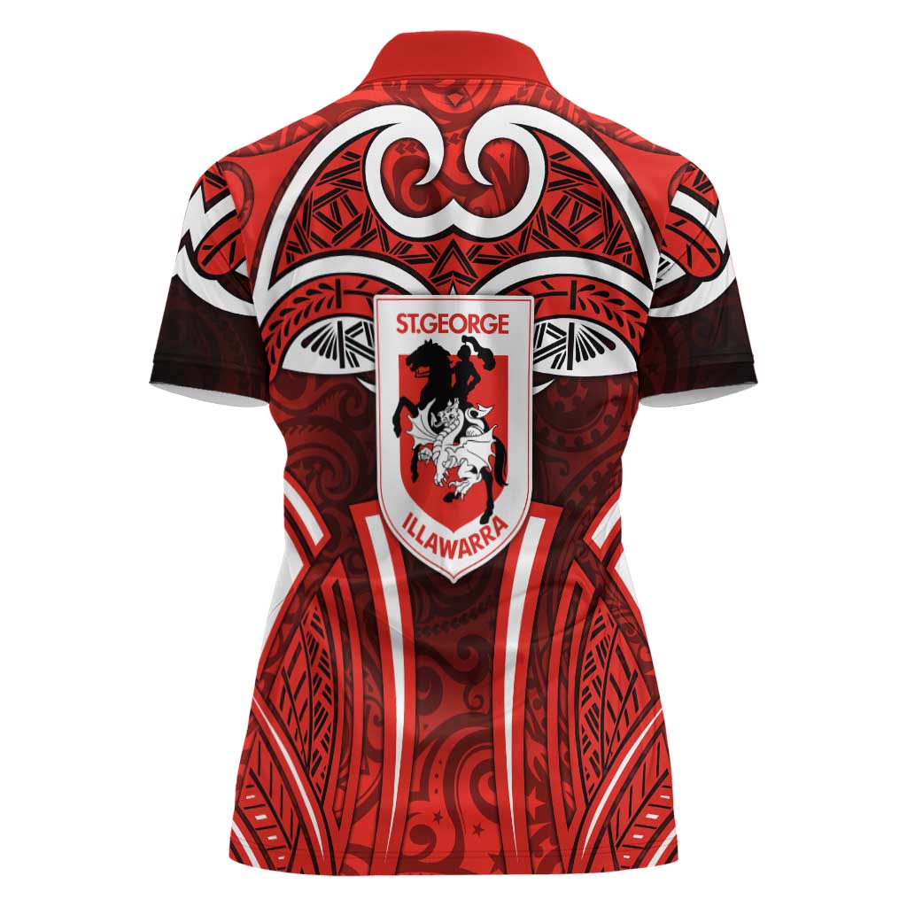 St George Illawarra Dragons Rugby Women Polo Shirt Polynesian Tribal Dragon Warrior Red Pattern